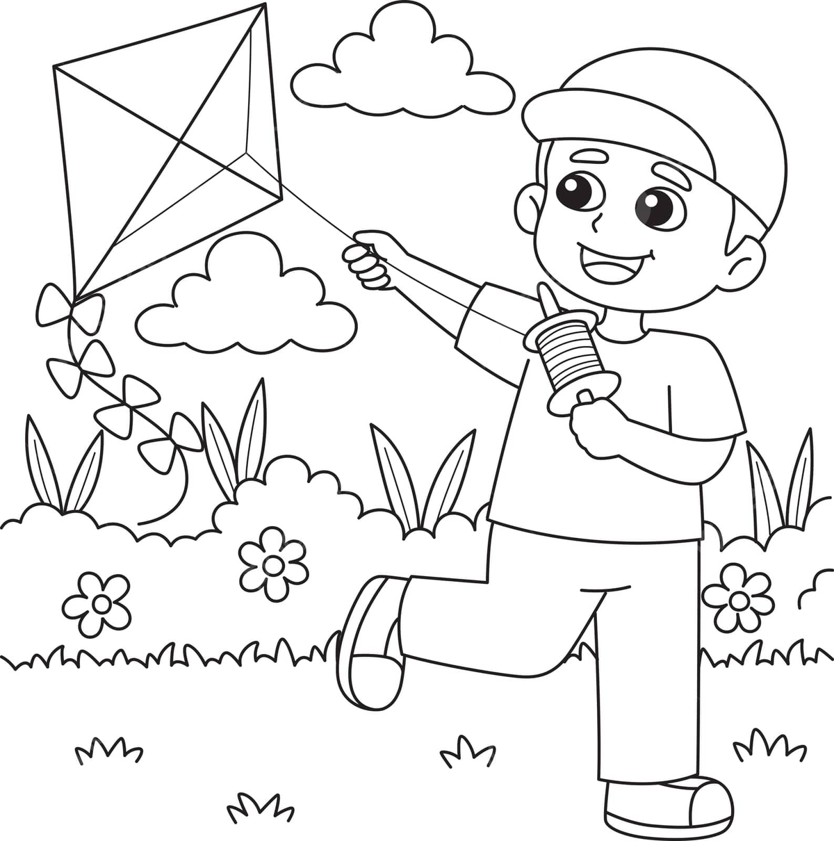 A boy is flying a kite coloring page